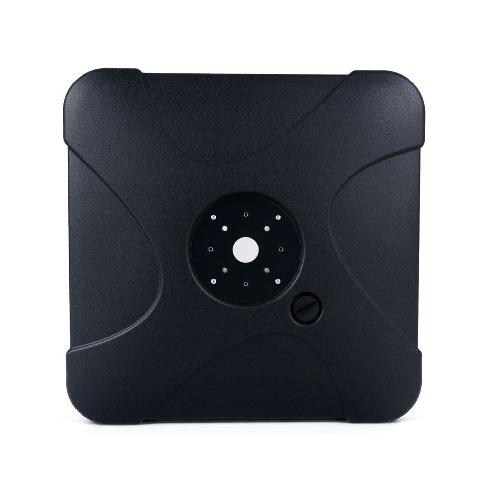 Heavy-duty cantilever patio umbrella base in black, 242 lbs capacity, designed for stability and easy filling.