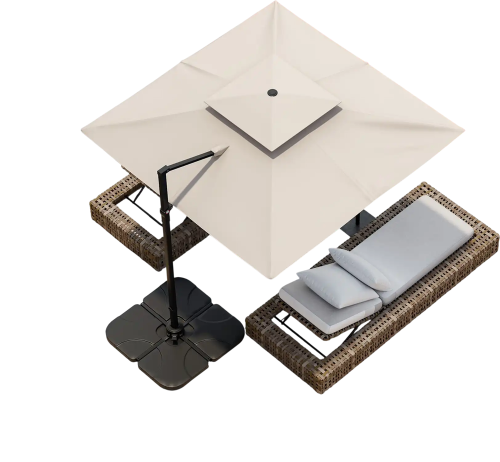 Top view of the 9.5 feet cantilever patio umbrella in beige, highlighting the cross base and stable design for outdoor.