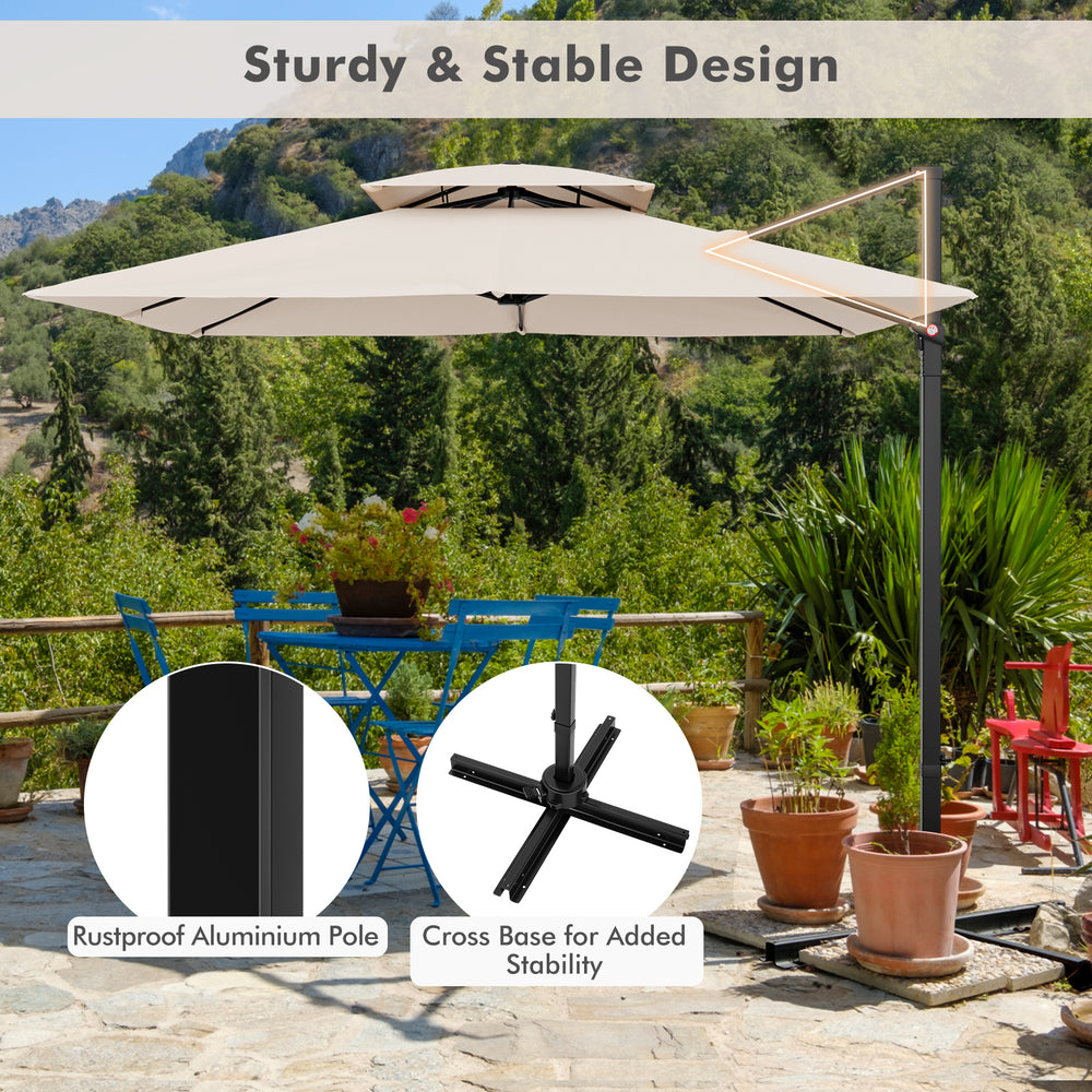 9.5 feet cantilever patio umbrella in beige with rustproof aluminum pole and cross base for added stability, ideal for.