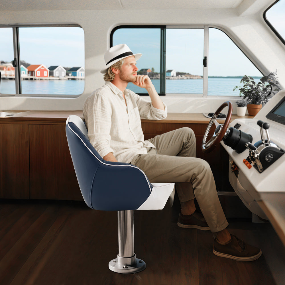 Captain bucket seat in blue PVC leather with armrests, designed for comfort on pontoon boats and water adventures.