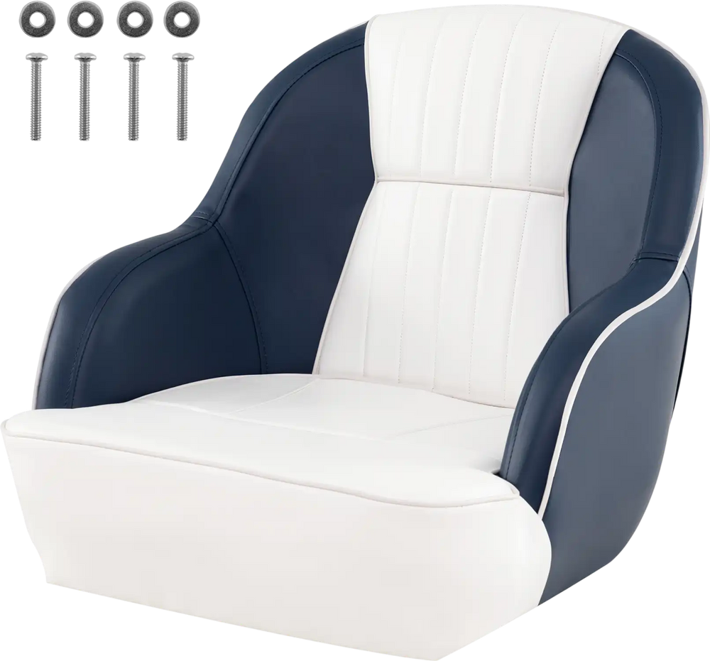 Captain bucket seat in blue and white PVC leather with armrests, designed for pontoon boats and water adventures.