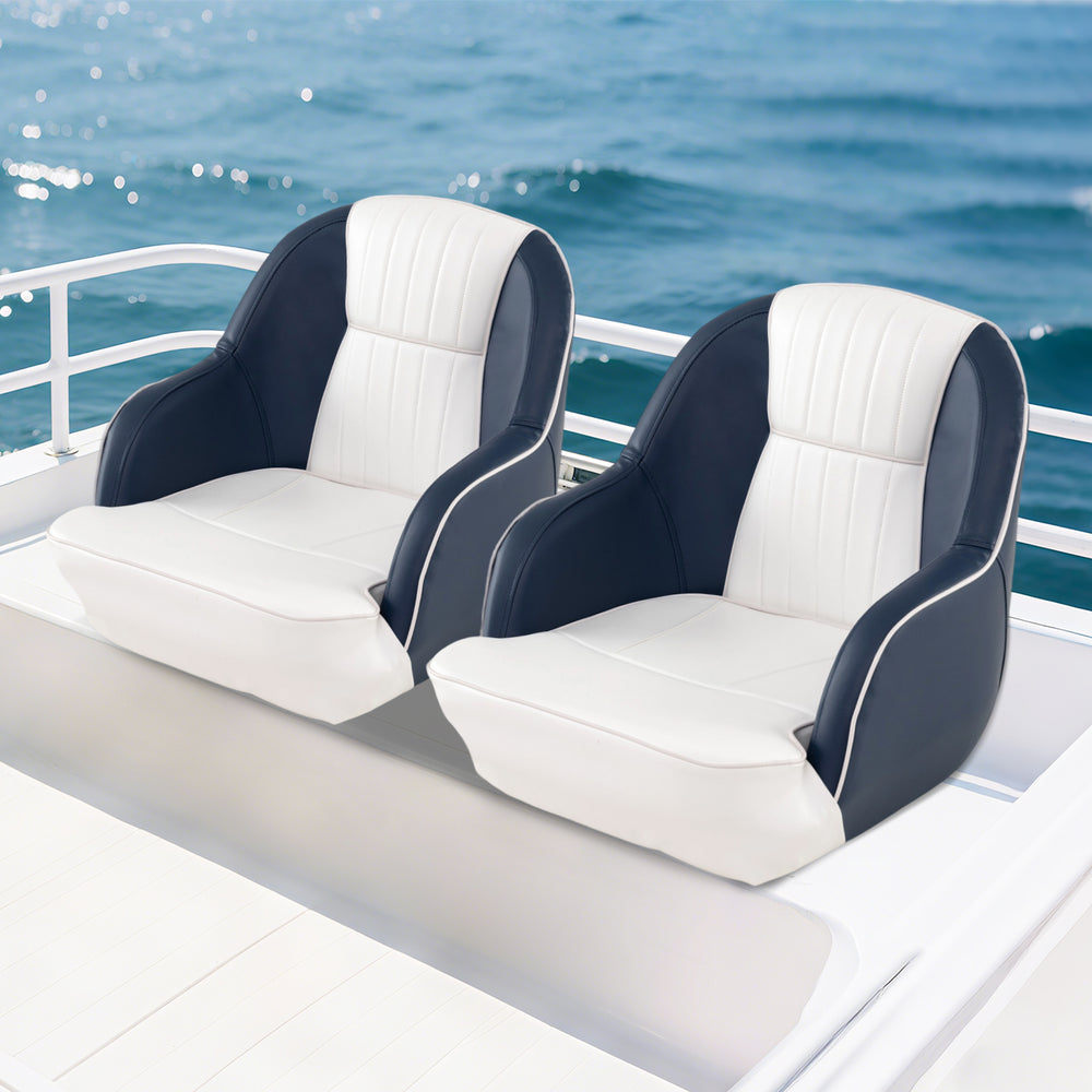 Captain bucket seat pontoon boat chairs in blue and white PVC leather, designed for comfort during water adventures.