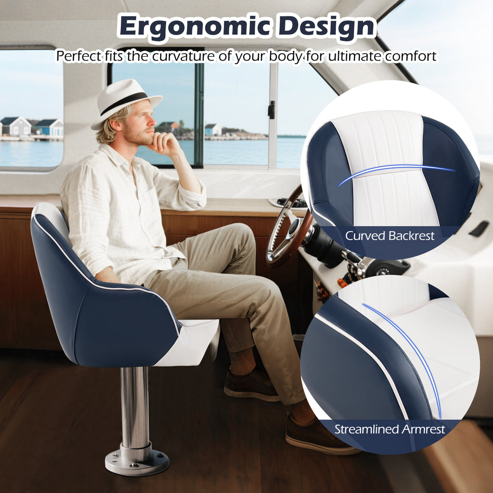 Captain bucket seat with blue PVC leather, curved backrest, and streamlined armrests for ultimate comfort on boats.