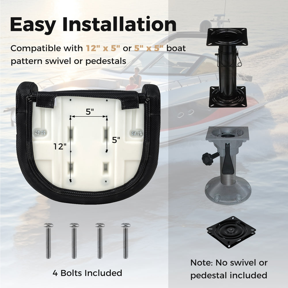 Captain bucket seat with waterproof PVC leather, featuring easy installation for 12" x 5" or 5" x 5" pedestal mounts.