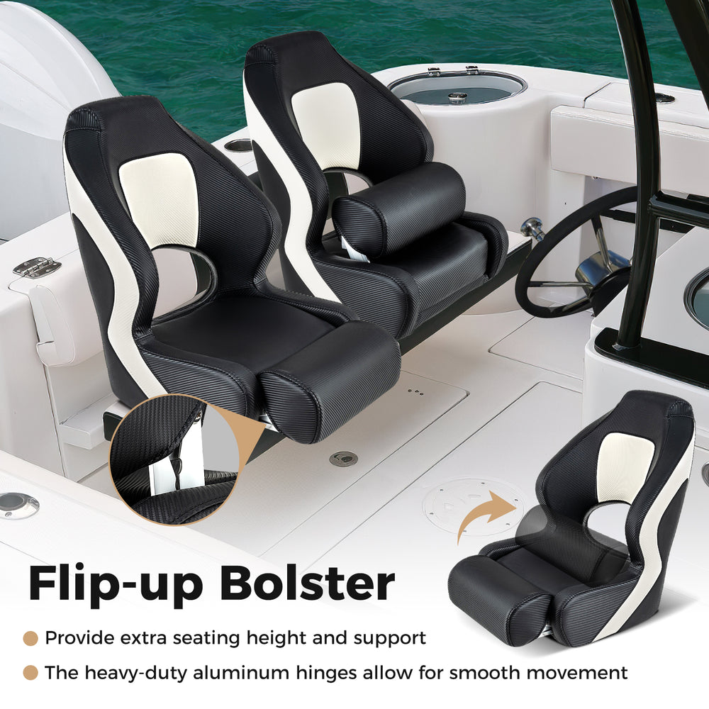 Captain bucket seat in black with flip-up bolster, waterproof PVC leather, and ergonomic design for boating comfort.