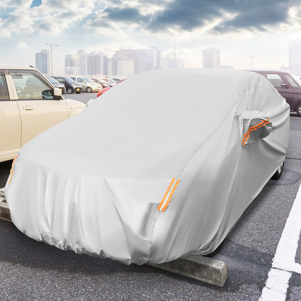Car cover for 185-inch sedans, featuring UV, rain, and dust protection with reflective strips and elastic band for.