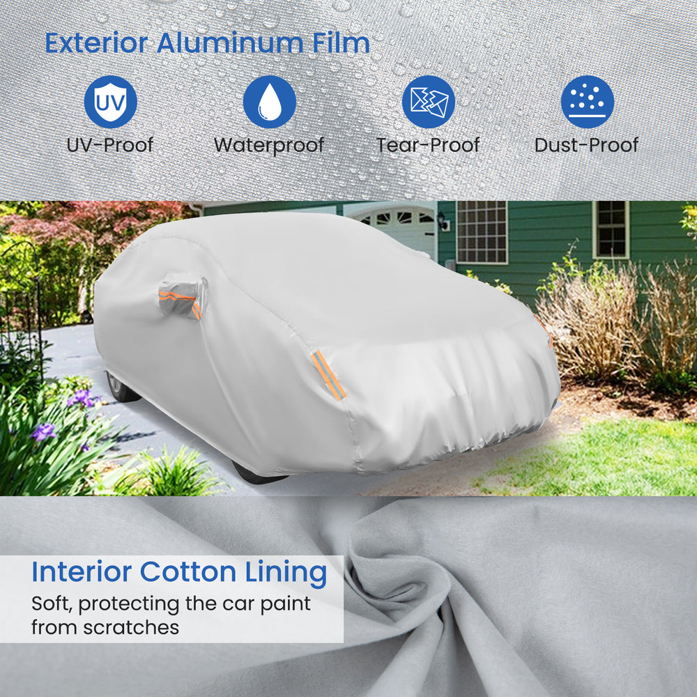 Car cover for 185-inch sedans, featuring UV-proof aluminum film and soft cotton lining for paint protection.