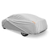 Car cover for sedans up to 193 inches, offering UV, rain, and dust protection with elastic band and reflective strips.
