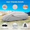 Car cover for sedans up to 193 inches, showcasing double stitches, windproof buckles, and storage bag for easy.