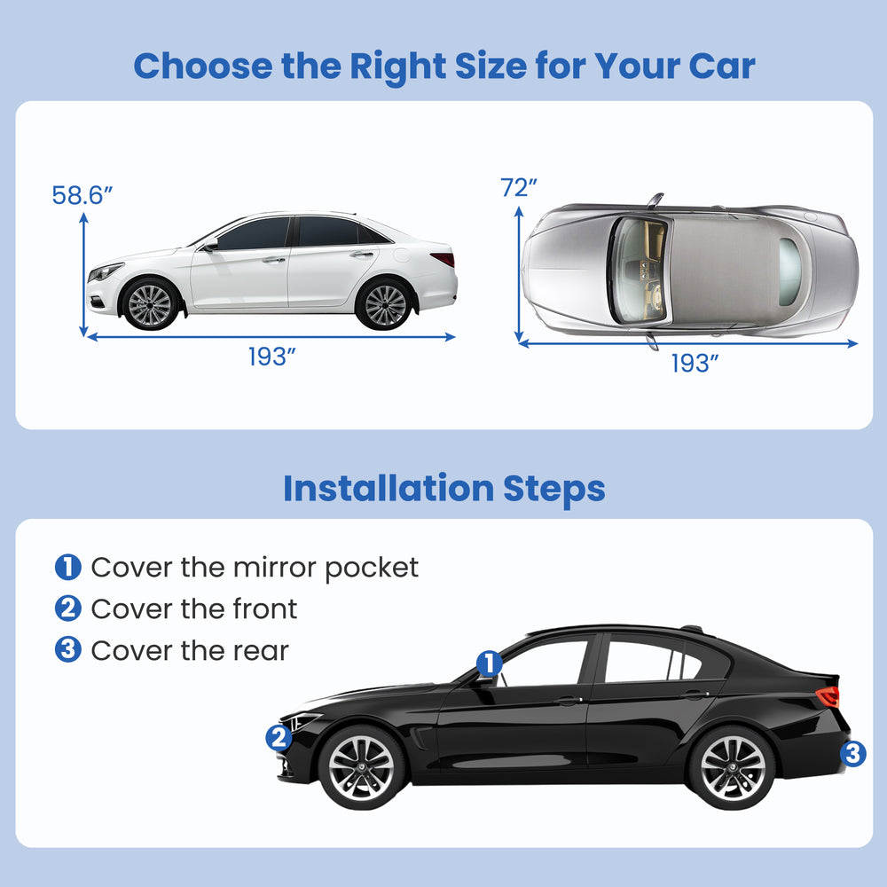 Car cover for sedans up to 193 inches, featuring UV protection, waterproof material, and mirror pockets for a secure.