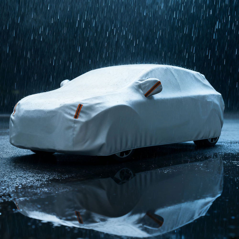 Car cover for SUVs up to 190 inches, offering UV, rain, and dust protection with reflective strips and elastic band.