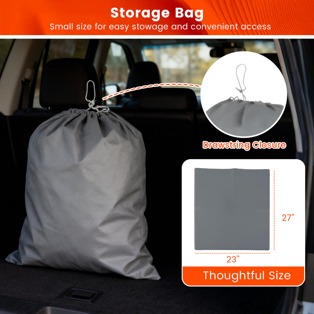 Drawstring storage bag for car cover, made for easy storage and portability, measures 27" x 23".