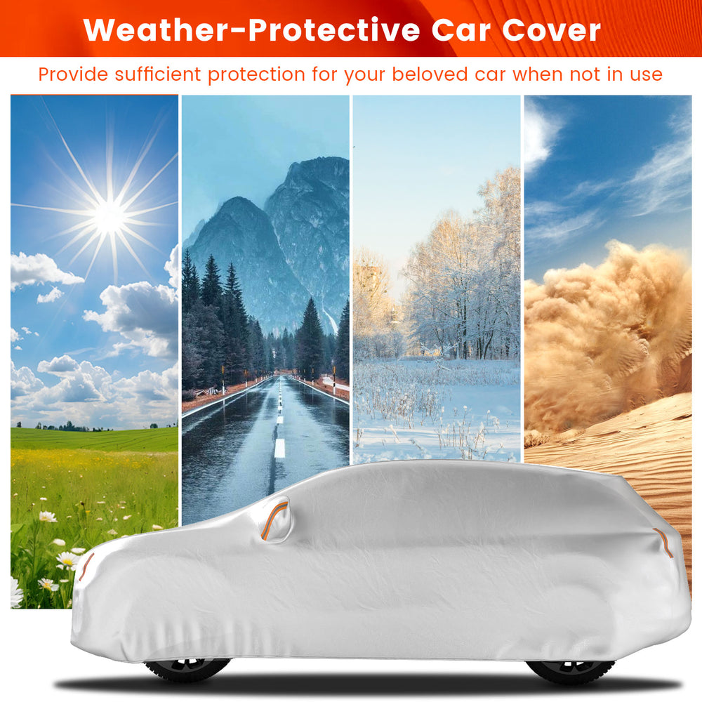 Weather-protective car cover for SUVs up to 200 inches, offering UV, rain, and dust protection with elastic band and.