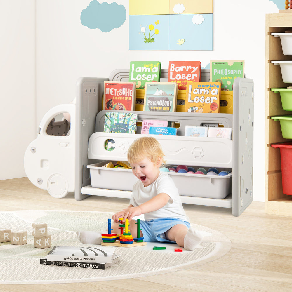 Car themed kids toy storage and bookshelf with rounded corners, featuring a 3-tier bookshelf and toy storage boxes for.