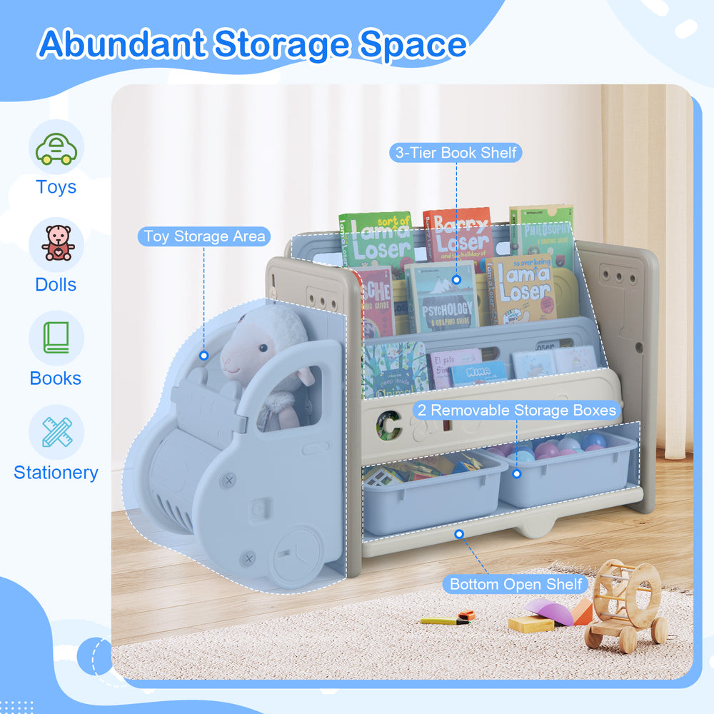 Car-themed kids toy storage and bookshelf with 3-tier shelf, 2 removable boxes, and safe BPA-free material for easy.