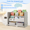 Car-themed kids toy storage and bookshelf with 3-tier design, BPA-free material, and rounded corners for safety.