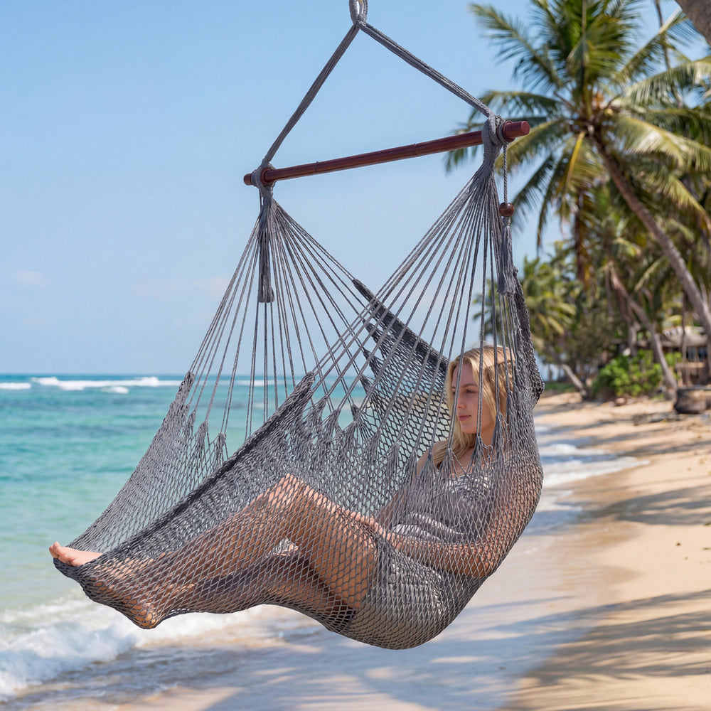 Caribbean Hammock Chair with Metal Spreader Bar Woven Rope Swing-Gray - Gallery View 1 of 10