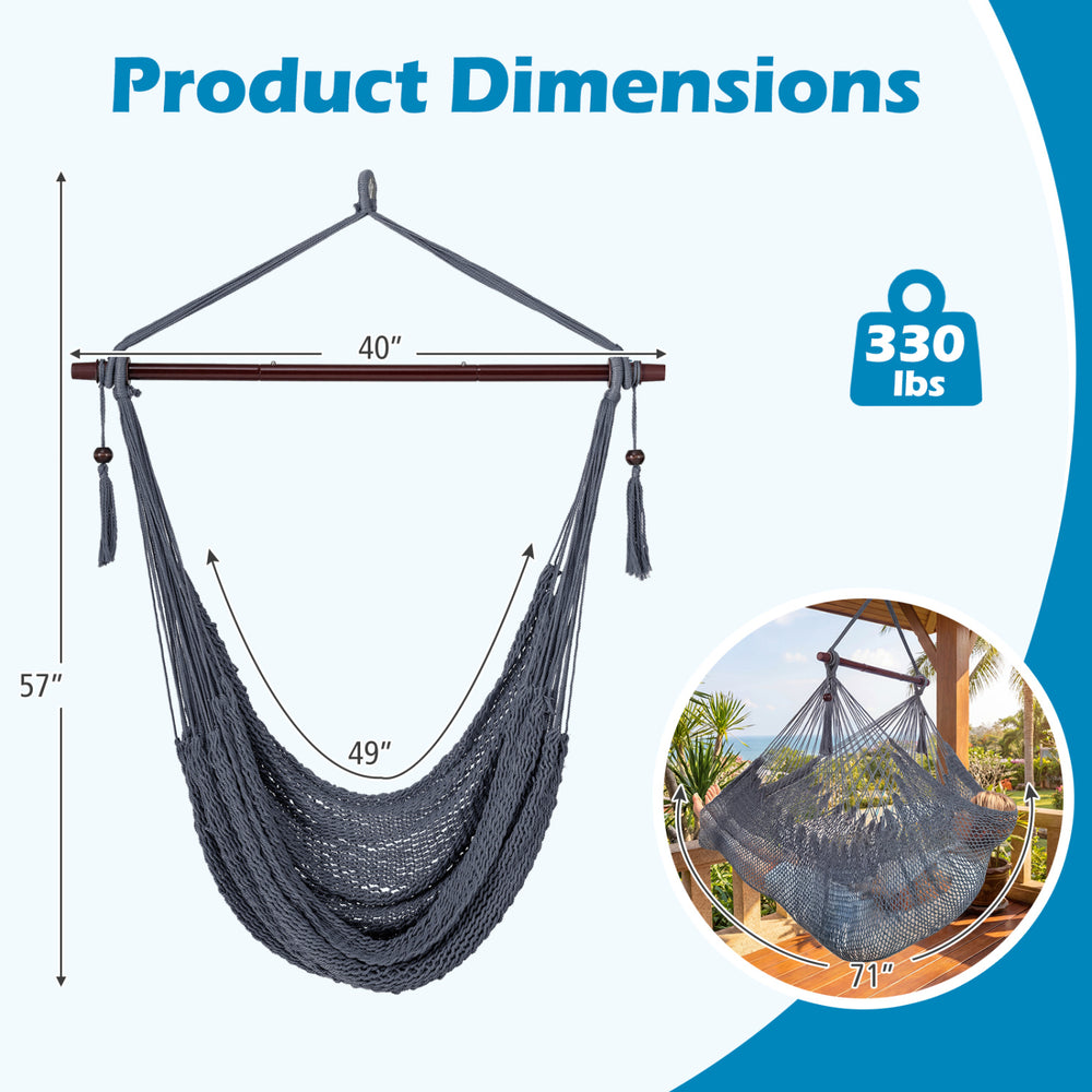 Caribbean hammock chair with gray soft-spun rope and metal spreader bar, supports 330 lbs, ideal for indoor or outdoor.