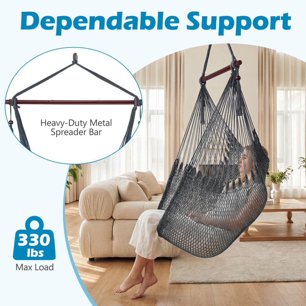 Caribbean hammock chair in gray with metal spreader bar, supports 330 lbs, perfect for indoor or outdoor relaxation.