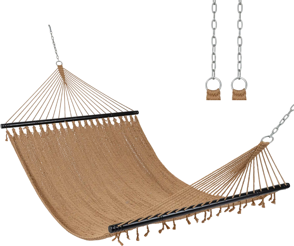 Khaki Caribbean hammock with spreader bar, spacious for 2, supports 600 lbs, perfect for patio or poolside relaxation.
