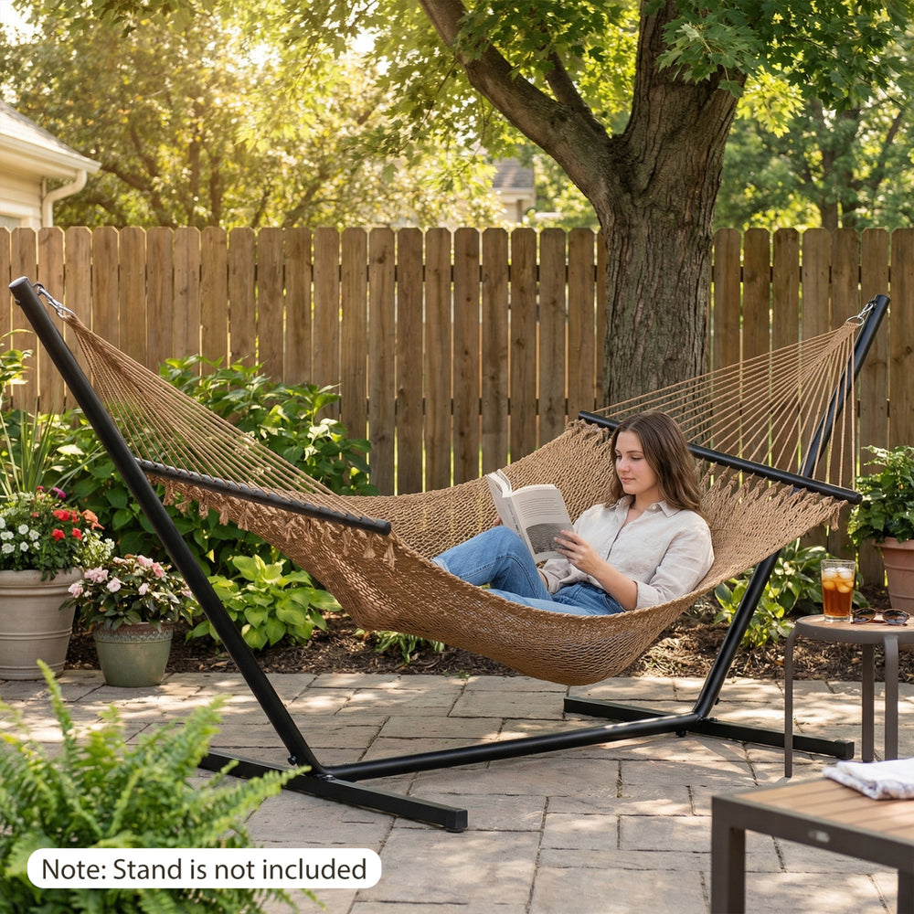 Spacious khaki Caribbean hammock with spreader bar, perfect for patio lounging, supports up to 600 lbs.