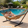 Spacious khaki Caribbean hammock with spreader bar, comfortably fits 2 people for relaxing poolside lounging.