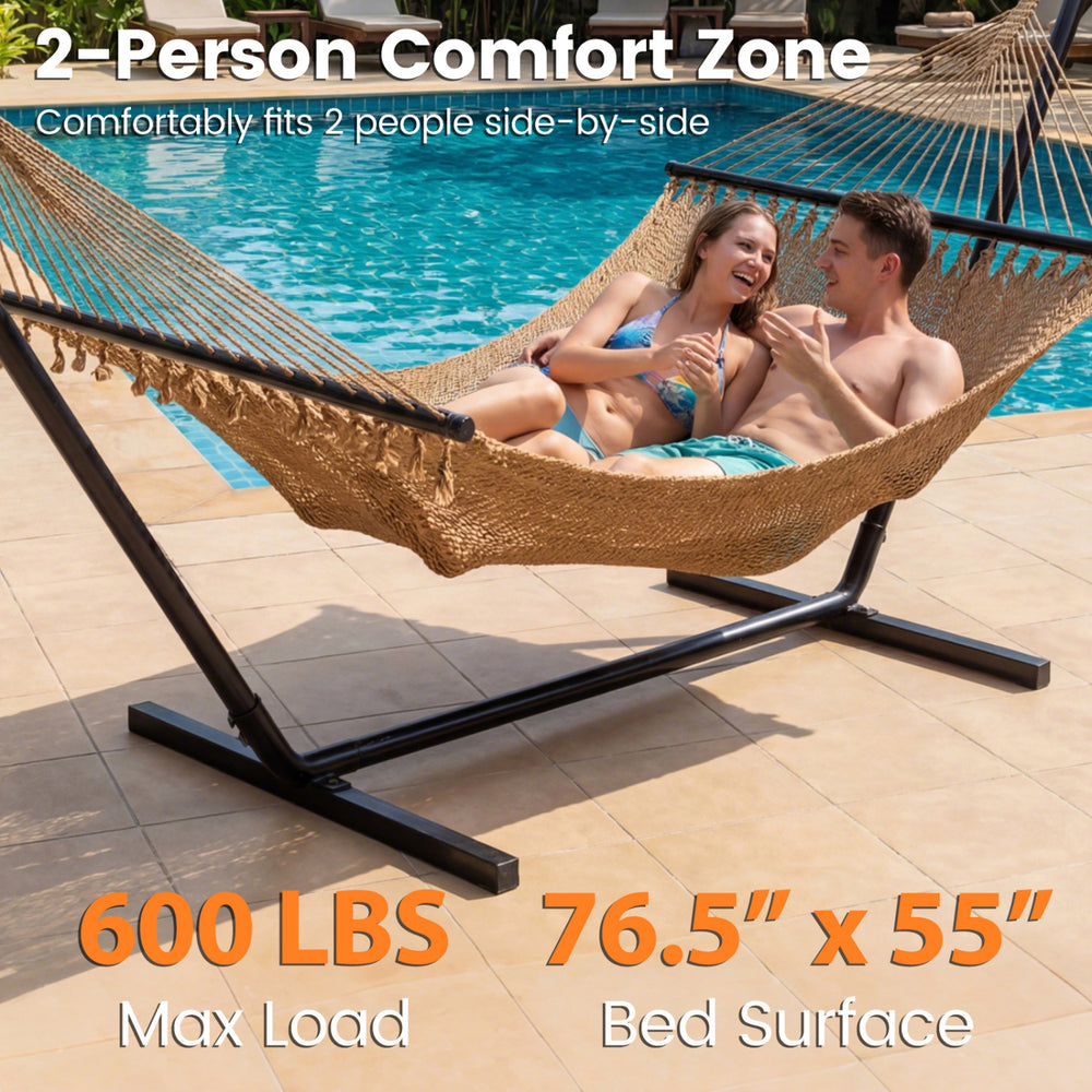 Spacious khaki Caribbean hammock with spreader bar, fits 2 people, supports 600 lbs, perfect for patio or poolside.