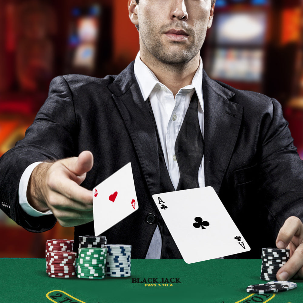 300-piece casino poker chip set with 14-gram chips, includes accessories for Texas Holdem and Blackjack games.