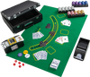 14-gram poker chip set with 300 pieces, poker felt, card shuffler, and accessories for Texas Holdem and Blackjack games.