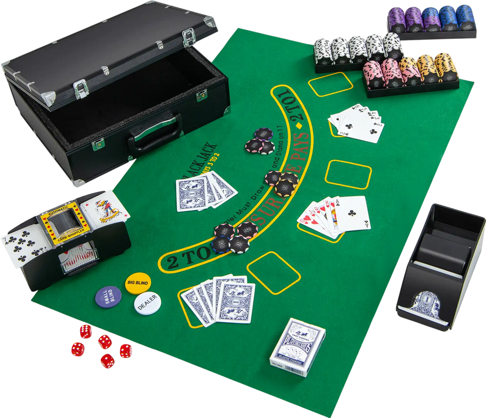 14-gram poker chip set with 300 pieces, poker felt, card shuffler, and accessories for Texas Holdem and Blackjack games.