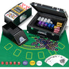 14-gram poker chip set with 300 chips, card shuffler, felt mat, and accessories for Texas Holdem and Blackjack games.