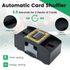 Automatic card shuffler with a sloped countertop, shuffles 2 decks in 2.5 seconds, perfect for poker games.