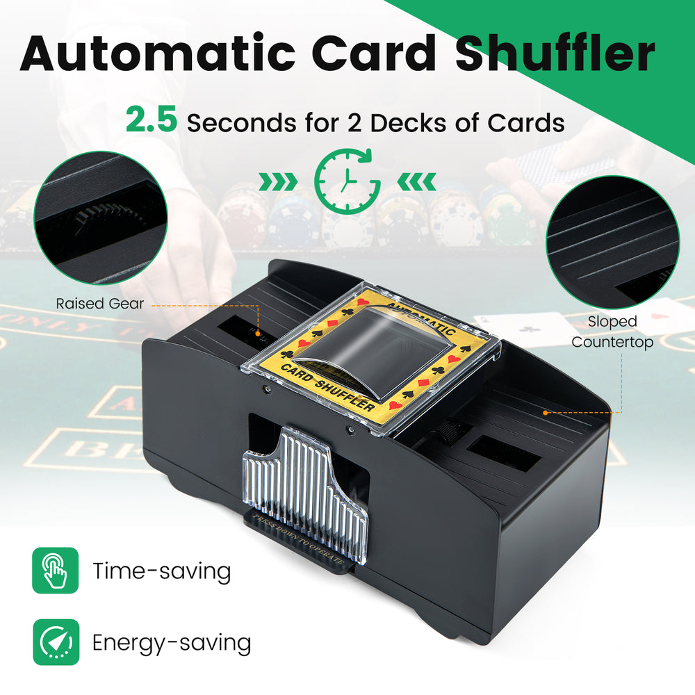 Automatic card shuffler with a sloped countertop, shuffles 2 decks in 2.5 seconds, perfect for poker games.