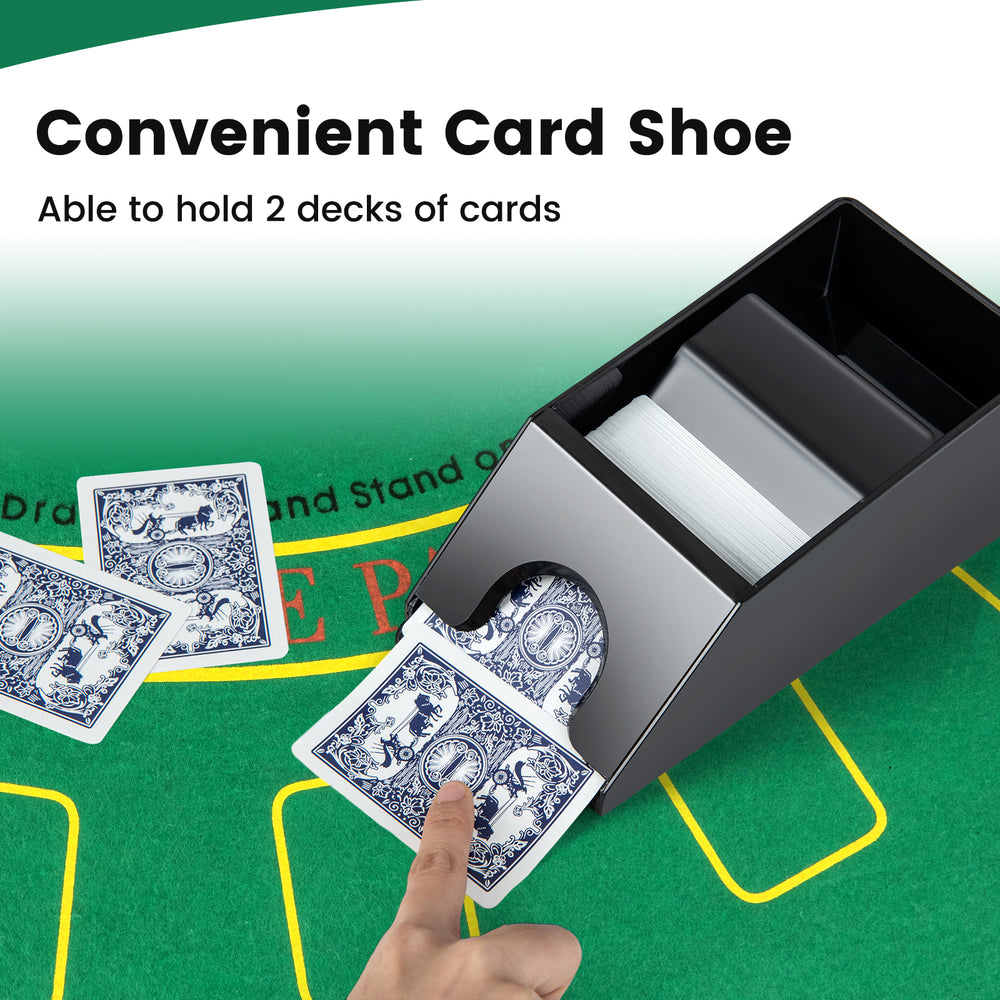 Card shoe designed to hold 2 decks of cards, included in a 300-piece poker chip set for various card games.