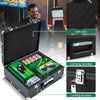 Poker chip set with 300 durable chips, card shuffler, and accessories in a protective case for card games.