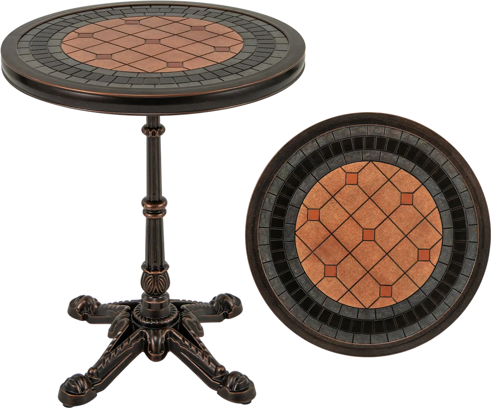 Detail view of the 24" round patio dining table showcasing the unique painted tabletop design and sturdy aluminum.