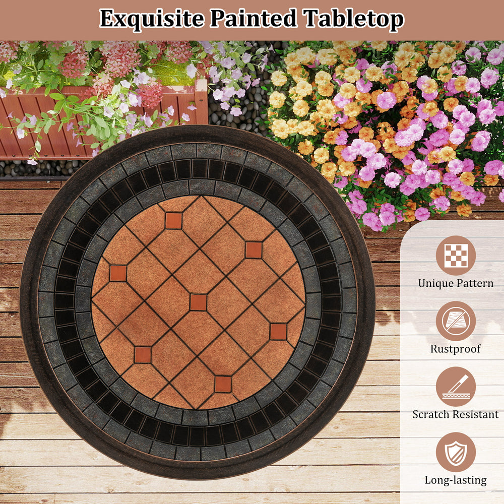 Round patio dining table with unique painted tabletop, weather-resistant cast aluminum, ideal for outdoor or indoor use.