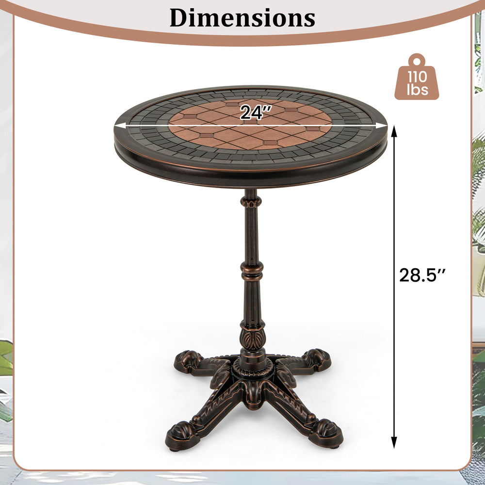 Dimensions of the 24" round patio dining table in bronze, showcasing a height of 28.5" and a weight capacity of 110 lbs.