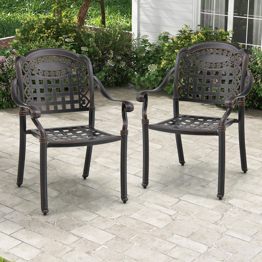 Set of 2 Cast Aluminum Patio Chairs with Armrests-Brown - Gallery View 1 of 8