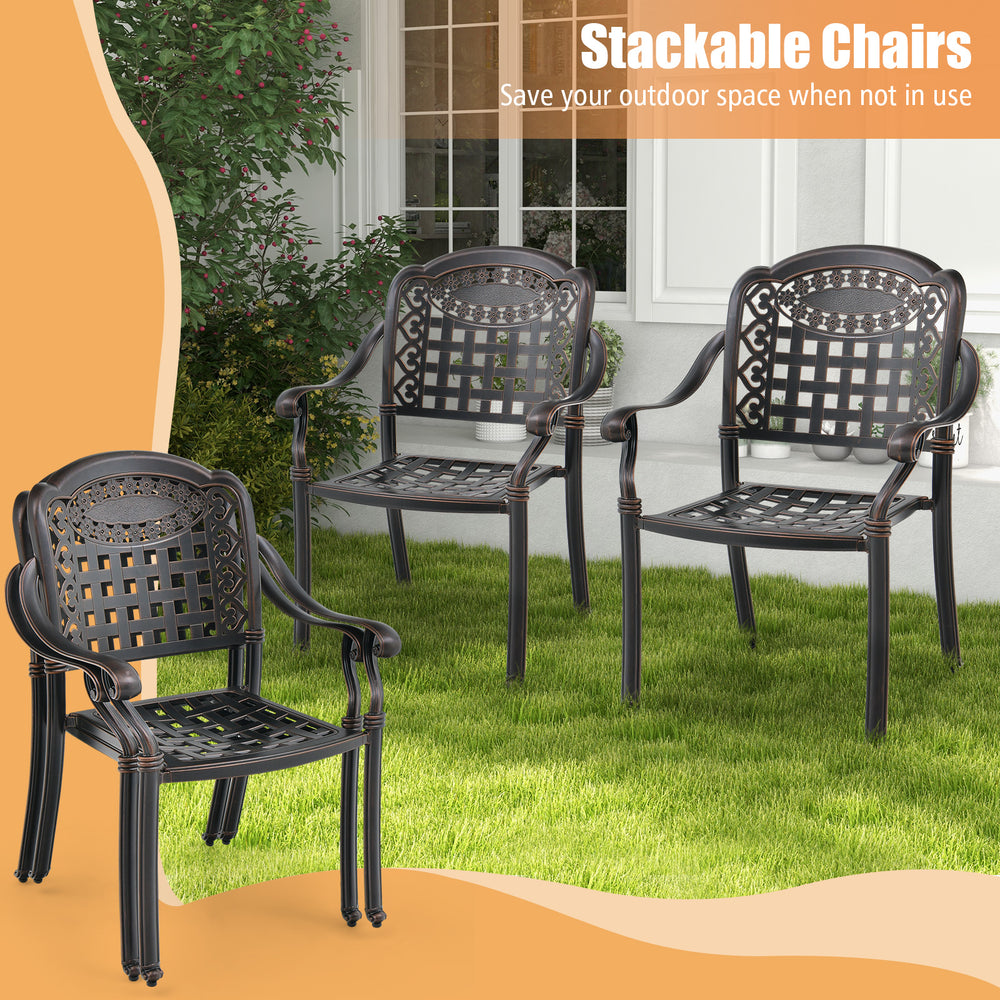 Set of 2 brown cast aluminum patio chairs with armrests, stackable design for space-saving outdoor use.