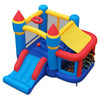 Inflatable bounce house with slide, ball pit, and pitching game for engaging outdoor fun at birthday parties.