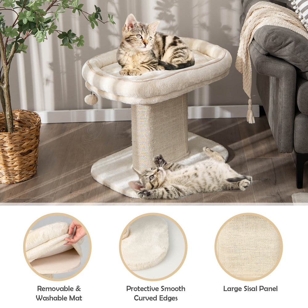 Modern cat tree tower in beige featuring a plush perch, sisal scratching plate, and removable washable mat for easy.