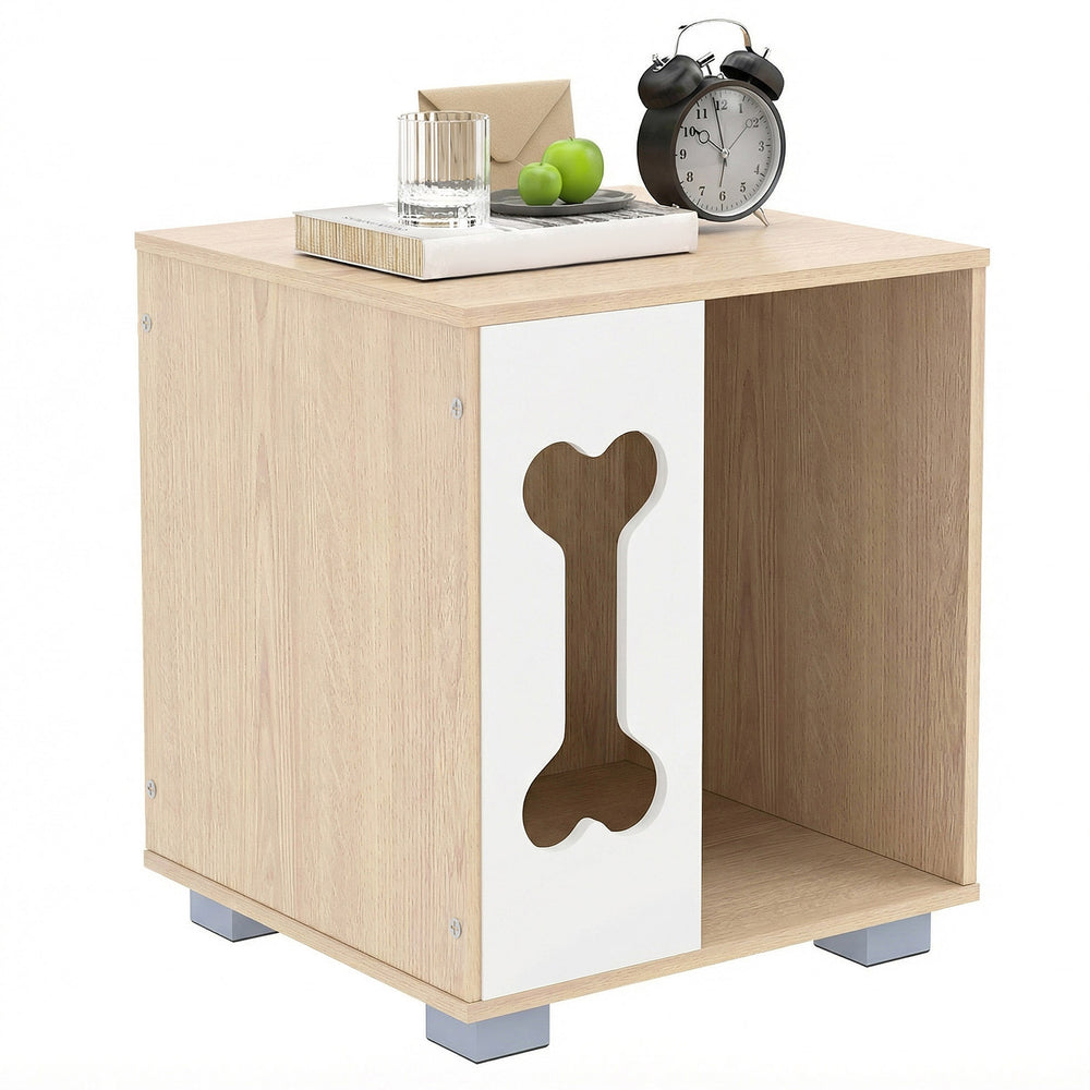 Wooden cat condo side table with bone-shaped window, natural finish, and sturdy metal legs for stylish pet-friendly.