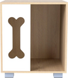 Wooden cat bed side table with bone-shaped window, natural finish, and sturdy metal legs for stability and style.