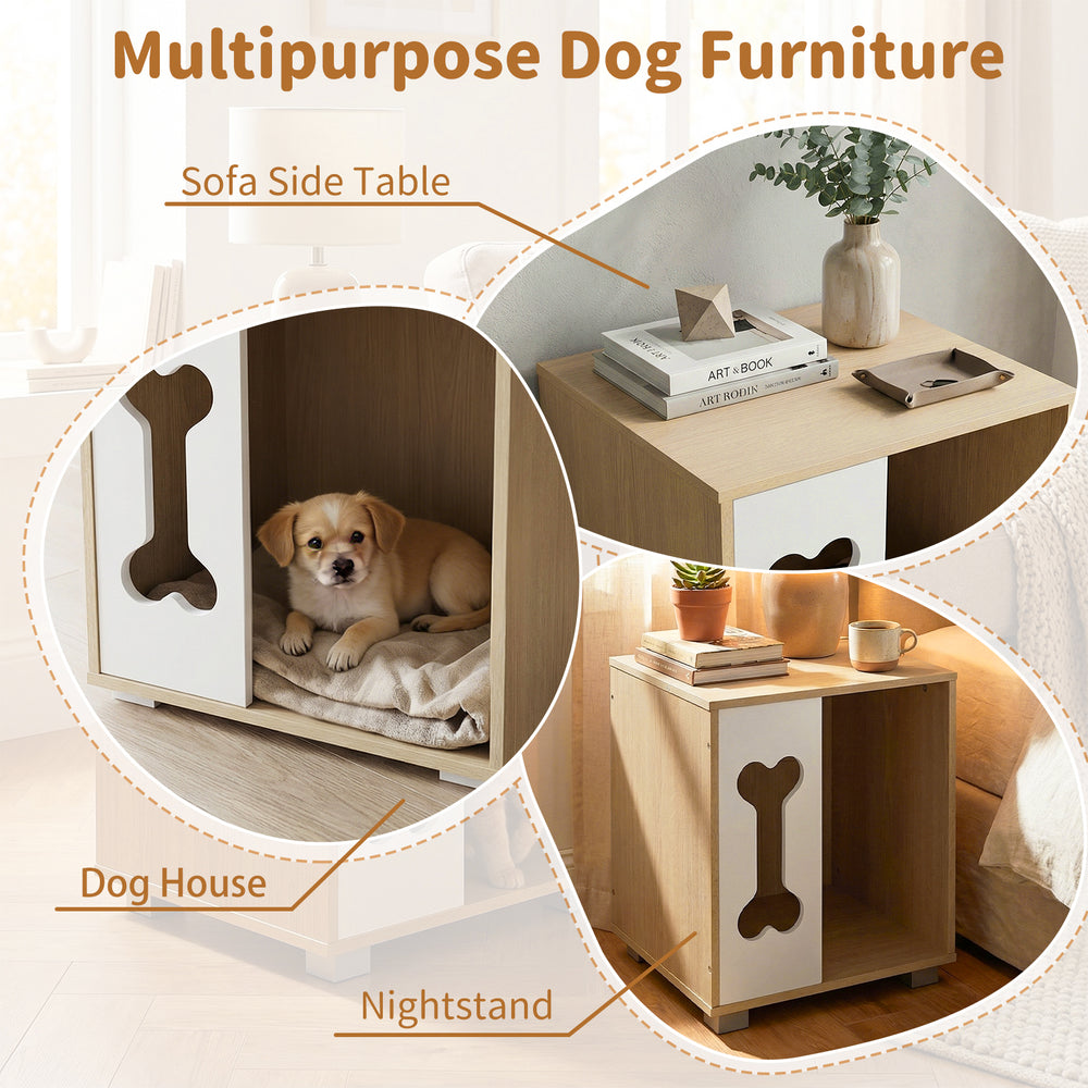 Wooden cat condo with bone-shaped window, serving as a side table, featuring sturdy metal legs and a chic design.