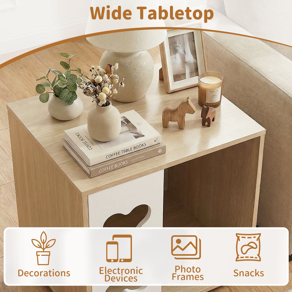Wooden cat bed side table with wide tabletop, bone-shaped window, and sturdy metal legs for decor and snacks.