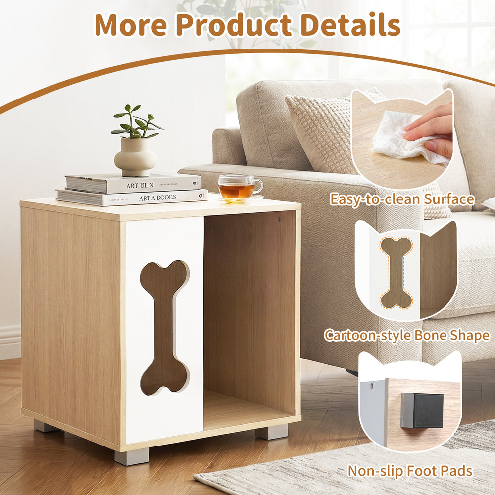 Wooden cat condo side table with bone-shaped window, natural finish, and sturdy metal legs for stability and easy.