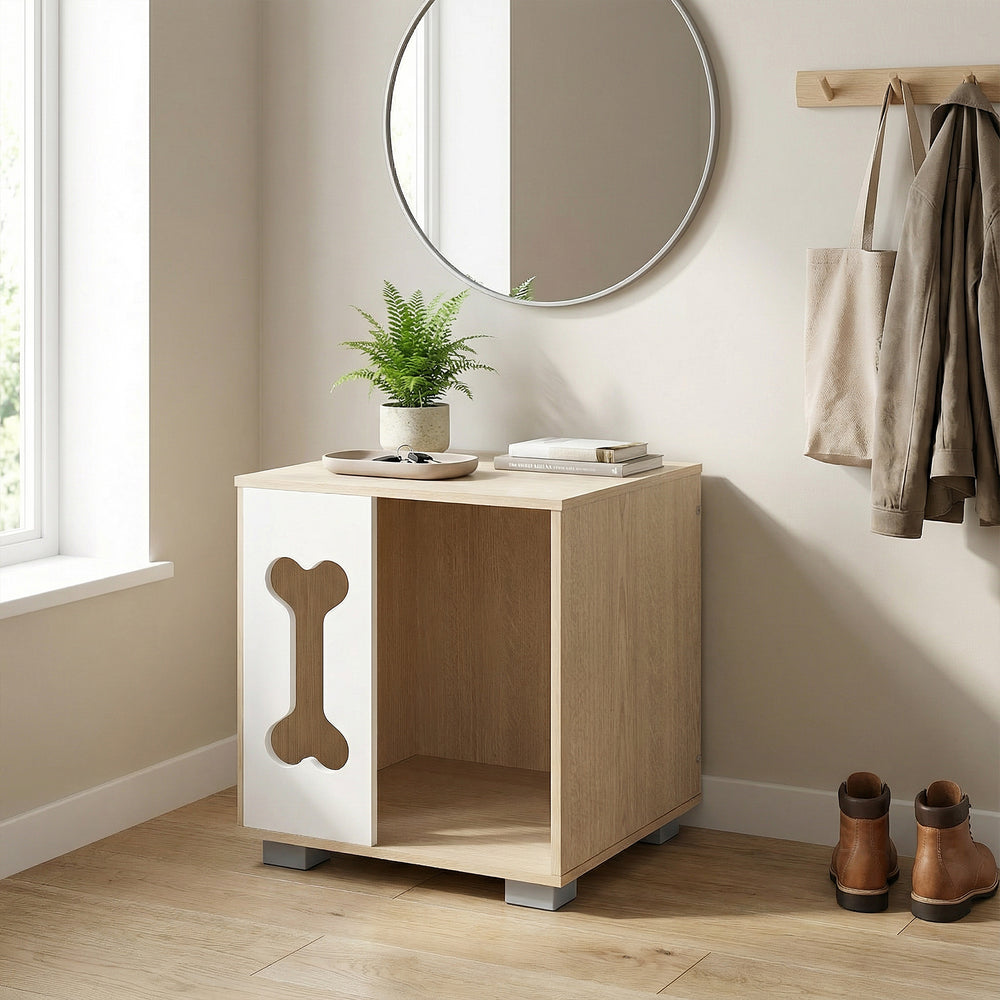 Wooden cat bed side table with bone-shaped window, natural finish, and sturdy metal legs for stylish pet interaction.