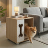 Wooden cat condo side table with a bone-shaped window, sturdy metal legs, and a wide tabletop for decor.