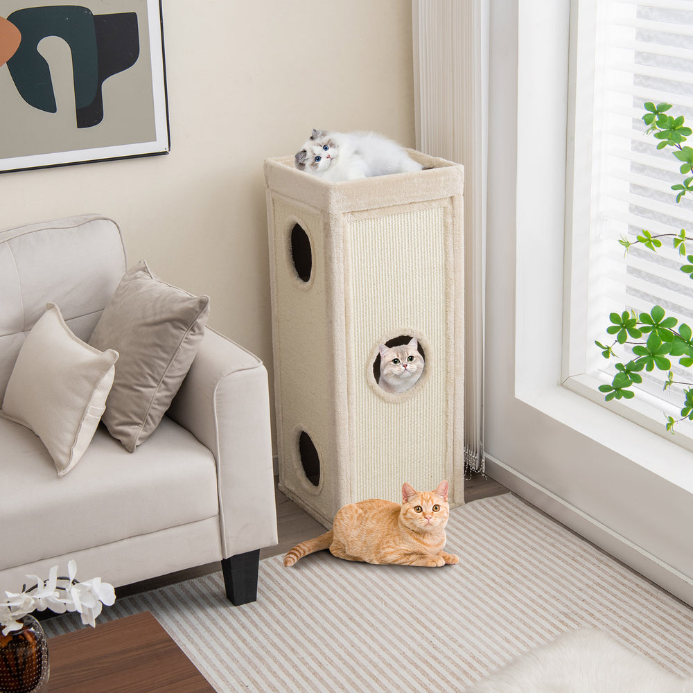 39 Inch Tall Cat Condo with Scratching Posts and 3 Hideaways and 4 Soft Plush Cushions-Natural - Gallery View 1 of 9